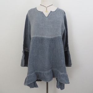 ONE LEFT!   Slate Blue Linen Ruffled Lace Inset Tunic/Top